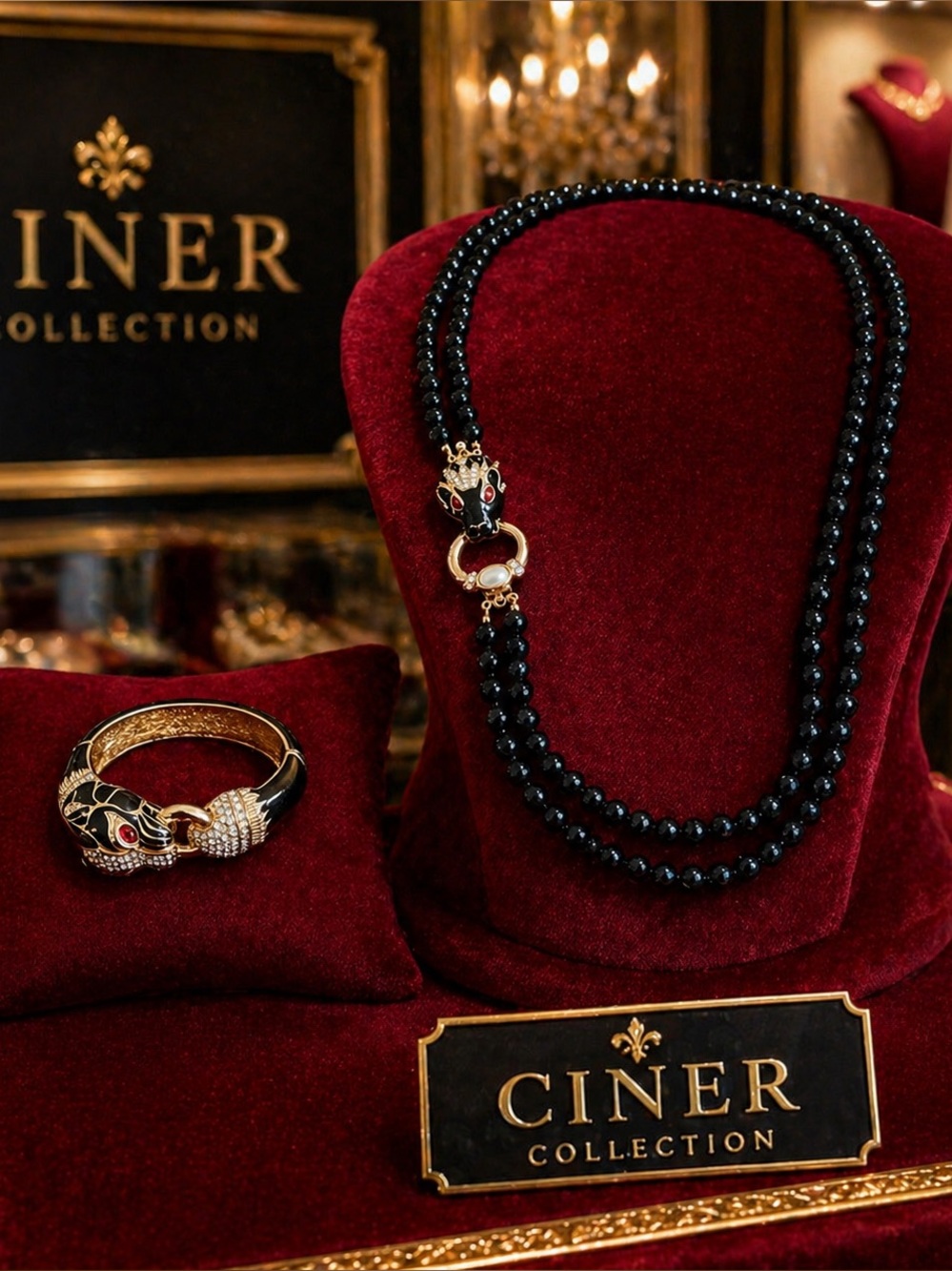 CINER BLACK ENAMEL CRYSTAL PANTHER DOOR KNOCKER CUFF BRACELET AND NECKLACE